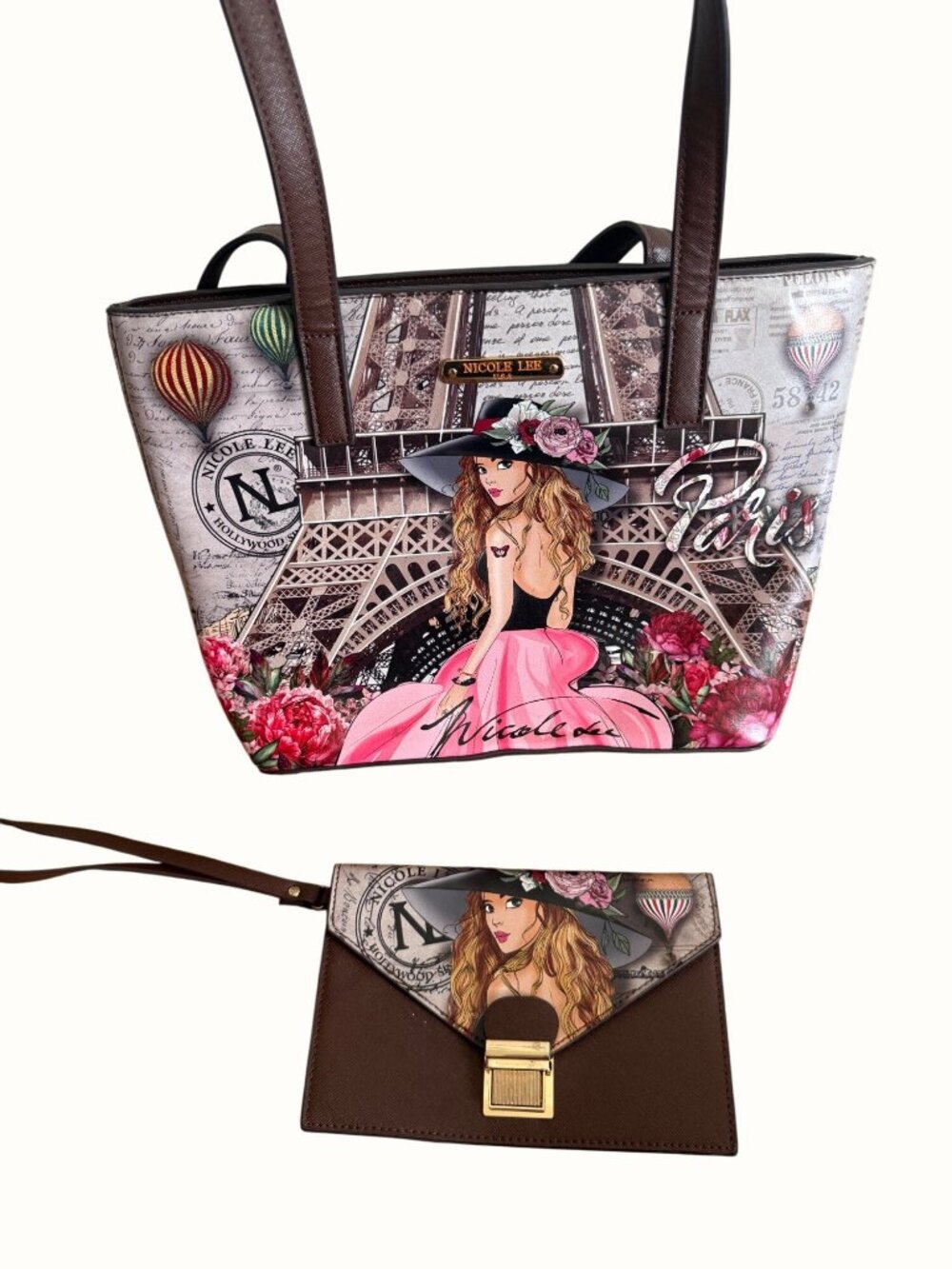 Nicole Lee Paris Print Tote Wristlet Set Eiffel Tower Design Brown Handles
